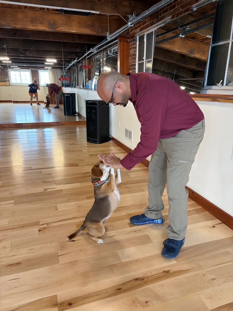A member reaches down to greet Coco Bean, the Clubhouse mascot, in the movement studio